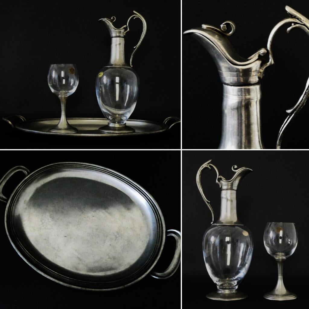 Tinnen Coen Kurz dienblad kristallen karaf glas tinbeslag, Antiek en Kunst, Antiek | Tin, Ophalen of Verzenden