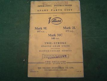 VILLIERS MARK 9E 197cc 31C 148 2L 173 1956 instruction spare beschikbaar voor biedingen