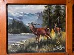 Schilderij Hert in Bronstijd, Eikenhouten Lijst, Ophalen of Verzenden