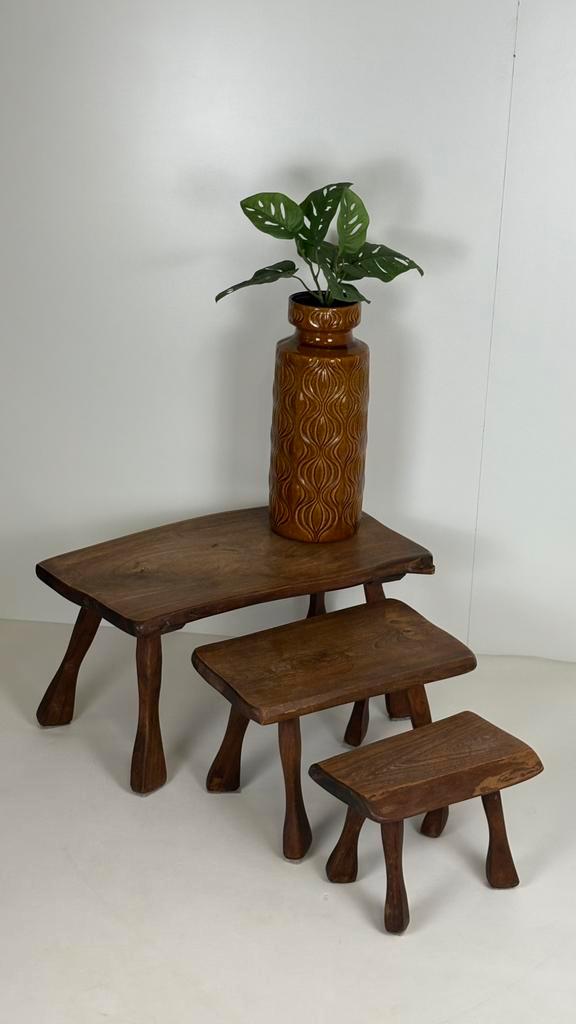 Vintage Japandi mimi set houten bijzettafels/ planten krukje, Huis en Inrichting, Tafels | Sidetables, Zo goed als nieuw, 50 tot 75 cm