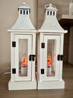 2 x Houten Lantaarns met Vlamverlichting, Ophalen, 25 tot 50 cm, Wit, Nieuw