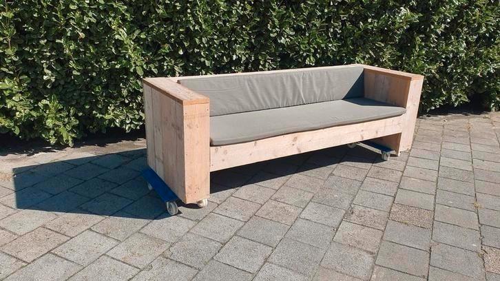 Steigerhouten lounge design bank met grijze kussen, Tuin en Terras, Tuinbanken, Zo goed als nieuw, Hout, Ophalen