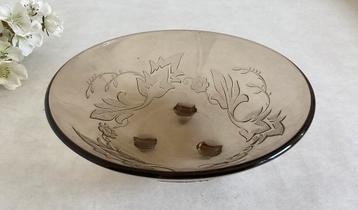 Vintage rookglas glazen schaaltje bloem/blad decor in reliëf beschikbaar voor biedingen