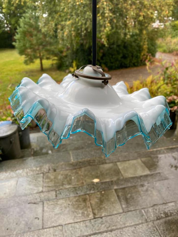 Vintage Pie Crust art deco glazen hanglamp, Huis en Inrichting, Lampen | Hanglampen, Gebruikt, Minder dan 50 cm, Ophalen of Verzenden