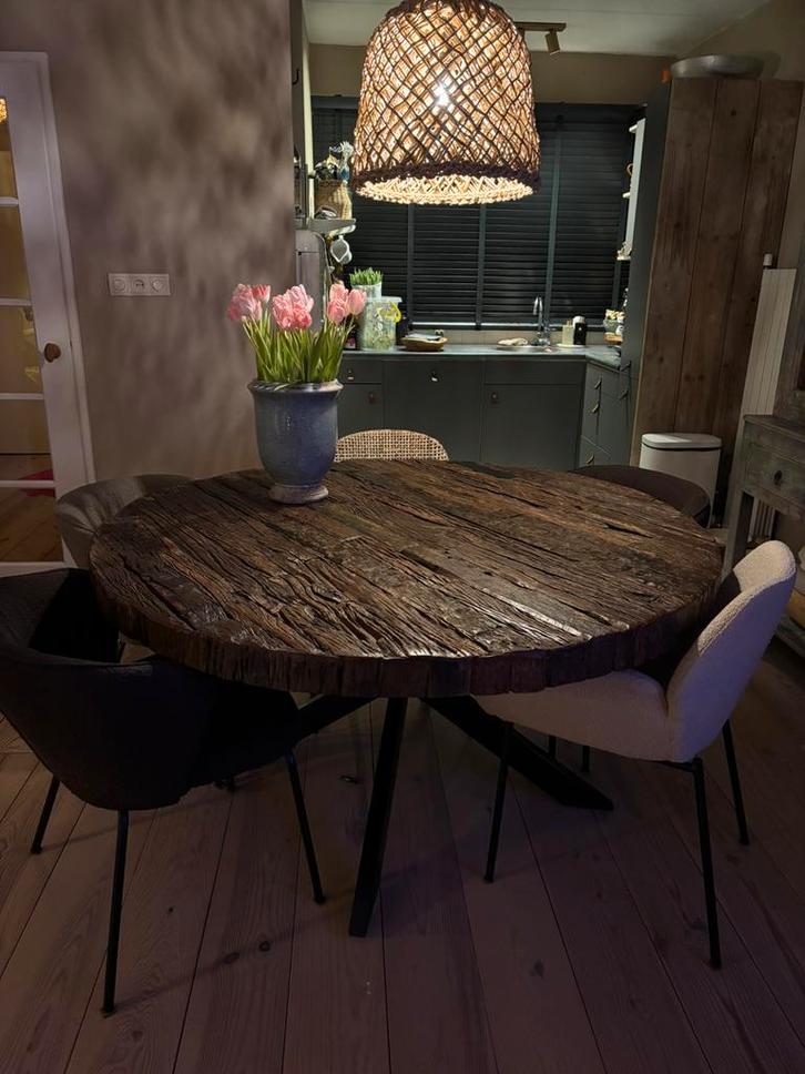 Robuuste industriële ronde eettafel 150 doorsnee, Huis en Inrichting, Tafels | Eettafels, Zo goed als nieuw, 100 tot 150 cm, 100 tot 150 cm
