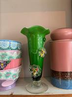 Vintage Murano glas groene vaas met bloemen details, Verzenden