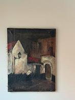 Vintage schilderij dorpsgezicht op linnen h40cm, Ophalen of Verzenden