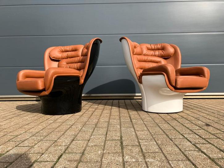 2x Joe Colombo Elda Chair Cognac leather, White/Black Shell, Huis en Inrichting, Fauteuils, Ophalen of Verzenden