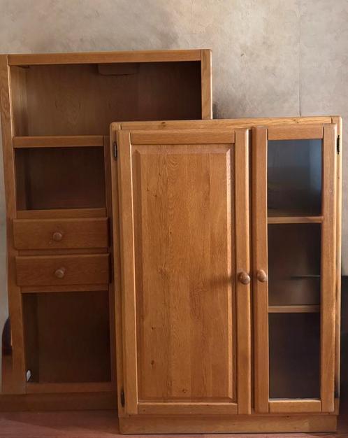 Massief Eikenhouten Kast met Glas, Lades & Verlichting, Huis en Inrichting, Kasten | Computermeubels, Zo goed als nieuw, 70 tot 120 cm