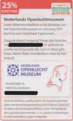 Nederlands Openluchtmuseum. Arnhem. 25% korting. Postcodebon, Drie personen of meer, Kortingskaart