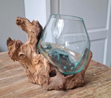 Glas op hardhout (vaas/pot) 2 stuks. Zie omschrijving. beschikbaar voor biedingen