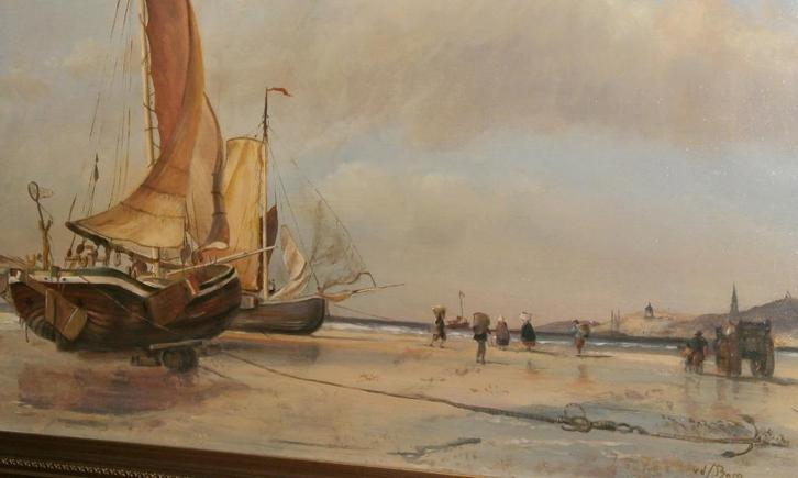 Hollandse meesterwerk c1950 vissers bij bomschuiten V d Berg, Antiek en Kunst, Kunst | Schilderijen | Klassiek, Ophalen