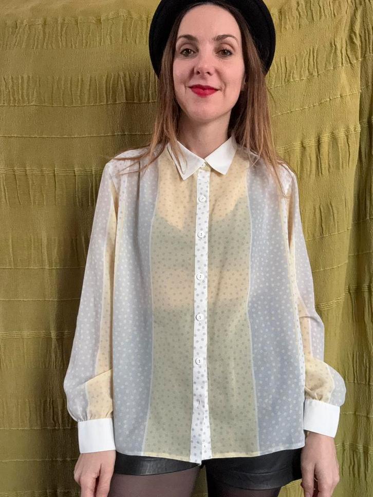 Vintage blouse - wit / geel - stippen - 38/M/medium, Kleding | Dames, Blouses en Tunieken, Gedragen, Maat 38/40 (M), Geel, Ophalen of Verzenden