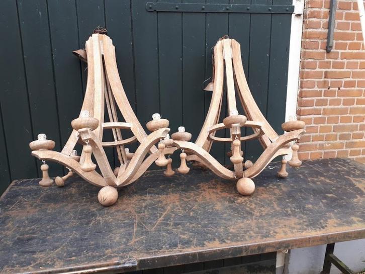 Kroonluchters, 2 stuks,  industrieel, Huis en Inrichting, Lampen | Hanglampen, Zo goed als nieuw, 75 cm of meer, Hout, Metaal