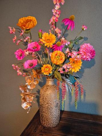 Grote set goude vazen inclusief boeket zijde boeket bloemen  beschikbaar voor biedingen