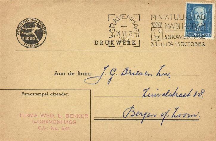 Firma Wed. L. Bekker, s-Gravenhage - Fleurop - 07.1952 - dru, Postzegels en Munten, Brieven en Enveloppen | Nederland, Briefkaart