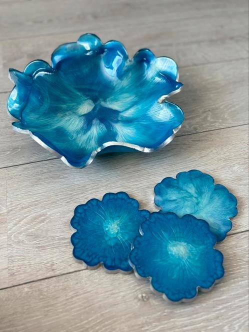 Unieke epoxy bloemenschaal + onderzetters, Antiek en Kunst, Antiek | Schalen, Ophalen of Verzenden