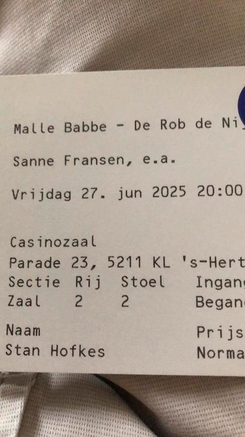 Rob de Nijs Malle Babbe vrijdag 27 juni 20.00 uur rij 2 (2x), Tickets en Kaartjes, Theater | Musical, Twee personen, Juni