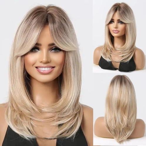 Pruik schouderlang haar in laagjes met donkere roots, Sieraden, Tassen en Uiterlijk, Uiterlijk | Haarverzorging, Nieuw, Pruik of Haarverlenging