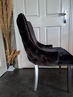 4 Zwarte Chesterfield Eetkamerstoelen - Velours, Huis en Inrichting, Stoelen, Ophalen, Zwart, Metaal, Vier