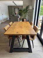 industriele massieve eettafel + 4 lederen stoelen NIEUWSTAAT, Huis en Inrichting, Zo goed als nieuw, Vijf personen of meer, 150 tot 200 cm