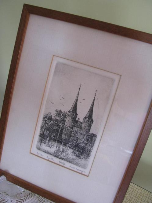Delft * Oostpoort * Anna Doedijns * lijn ets 49/200 in lijst, Antiek en Kunst, Kunst | Etsen en Gravures, Ophalen of Verzenden