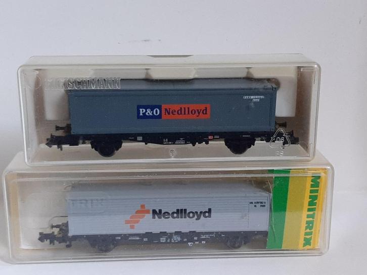 3x Minitrix, 1x Fleischmann NedLloyd containerwagens, Hobby en Vrije tijd, Modeltreinen | N-Spoor, Zo goed als nieuw, Wagon, Gelijkstroom