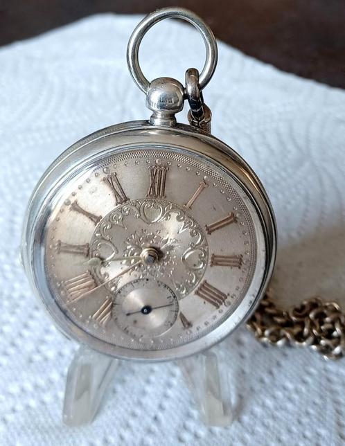 Zilveren zakhorloge + ketting uit omstreeks 1900, Sieraden, Tassen en Uiterlijk, Horloges | Antiek, Overige merken, Zilver, Ophalen of Verzenden