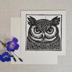 Dubbele wenskaart 15x15 cm. met envelop, uil, linosnede, Ophalen of Verzenden, Nieuw