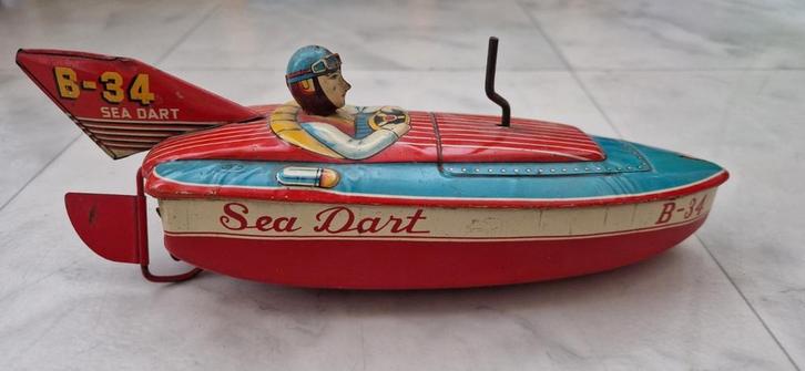 Vintage blikken opwindspeelgoed boot – “Sea Dart B-34”, Antiek en Kunst, Antiek | Speelgoed, Ophalen of Verzenden