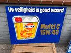 Vintage Gulf Reclamebord - Uw veiligheid is goud waard, Verzamelen, Reclamebord, Gebruikt, ., Ophalen of Verzenden