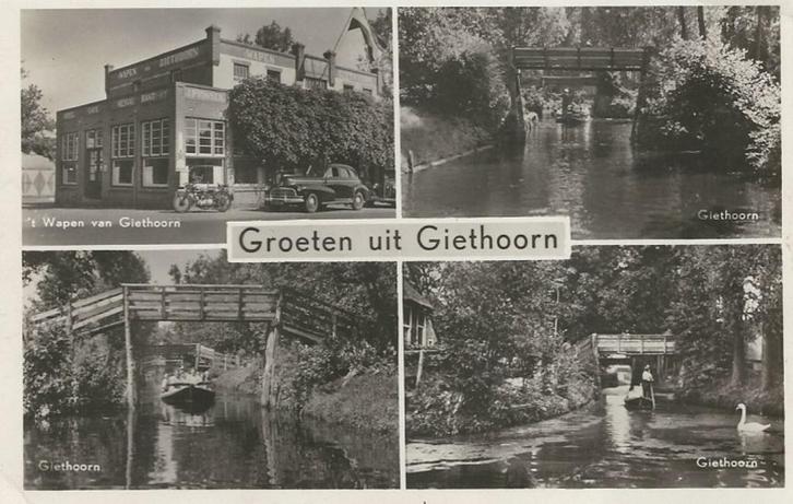 AK Giethoorn restaurant wapen v Giethoorn motorfiets punter, Verzamelen, Ansichtkaarten | Nederland, Gelopen, Overijssel, 1940 tot 1960