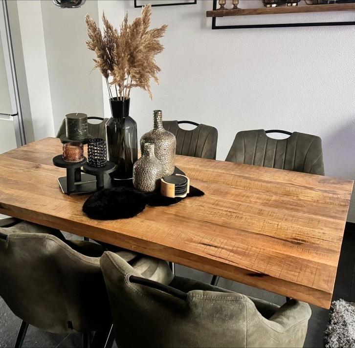 Grote houten eettafel met zes eetstoelen, Huis en Inrichting, Tafels | Eettafels, Gebruikt, 50 tot 100 cm, 200 cm of meer, Vijf personen of meer