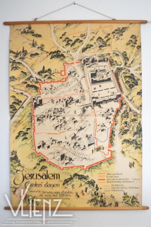 Vintage schoolplaat schoolkaart Jerusalem, Frans van Noorden, Antiek en Kunst, Antiek | Schoolplaten, Geschiedenis, Ophalen of Verzenden