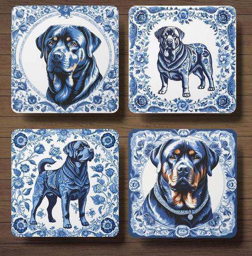 Rottweiler Delfts Blauw onderzetters met houder, Huis en Inrichting, Woonaccessoires | Onderzetters, Nieuw, Glas of Kopje, Ophalen of Verzenden