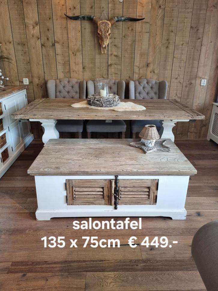 Landelijke Brocante Salontafel Amanda € 449.-, Huis en Inrichting, Tafels | Salontafels, Zo goed als nieuw, Minder dan 50 cm, 50 tot 100 cm