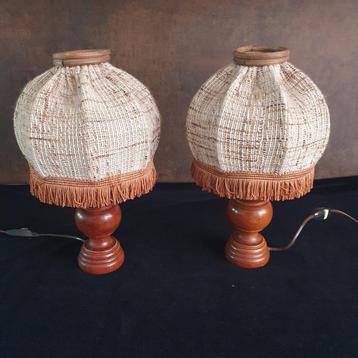  Vintage - Schemerlamp - Bedlamp - Kastlamp - Hout/Stof - 2X beschikbaar voor biedingen
