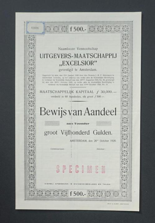 Uitgevers Maatschappij Excelsior - 1926, Postzegels en Munten, Aandelen en Waardepapieren, Aandeel, 1920 tot 1950, Ophalen of Verzenden