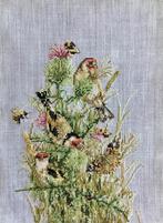 Borduurwerk, zijde, vink, goudvink, vogel, klaver, vintage, Hobby en Vrije tijd, Borduren en Borduurmachines, Ophalen, Gebruikt