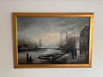 Groot mooi schilderij - olieverf op doek - haven - Arnhem beschikbaar voor biedingen