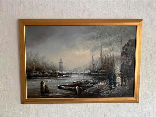 Groot mooi schilderij - olieverf op doek - haven - Arnhem, Antiek en Kunst, Kunst | Schilderijen | Klassiek, Ophalen