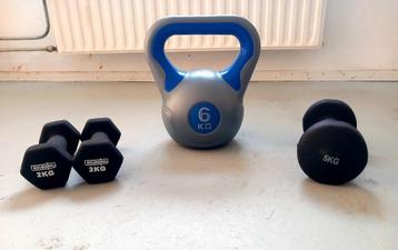 halters en kettlebells 2x2kg , 1x5kg, 1x 6kg kettbell beschikbaar voor biedingen