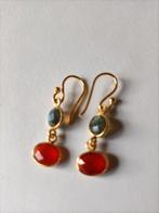 Fraaie zilver vergulde oorbellen Labradoriet en Carneool, Hangers, Verzenden, Nieuw, Met edelsteen