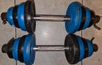 2x 15kg verstelbare zwarte/blauwe gietijzeren dumbbells, Sport en Fitness, Fitnessmaterialen, Ophalen, Gebruikt, Benen, Dumbbell