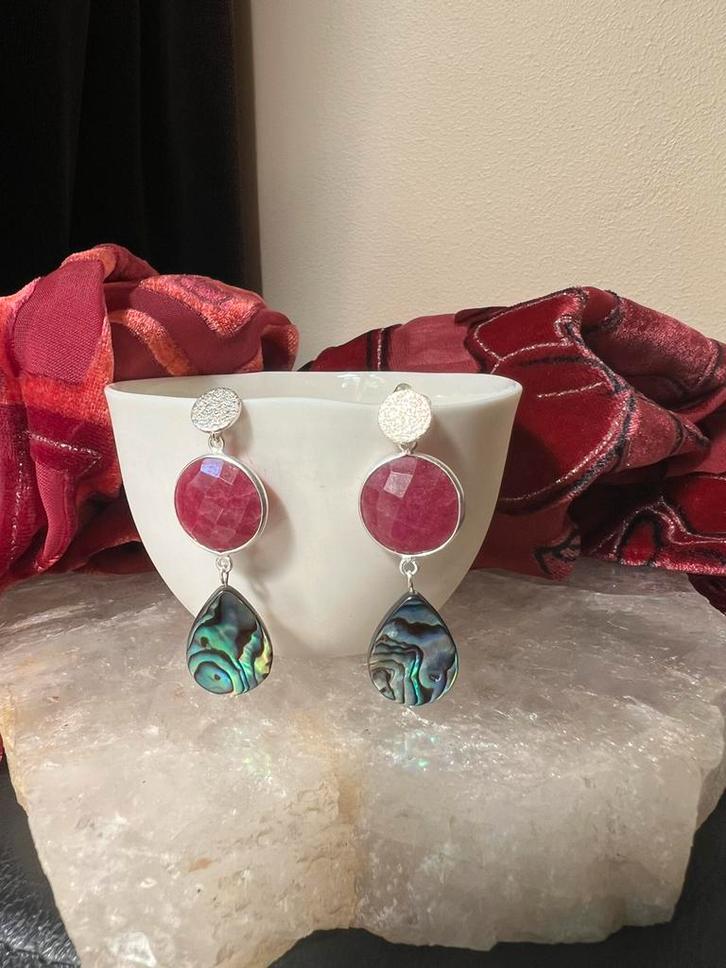 Robijn abalone zilver beschermt geluk liefde passie powerful, Sieraden, Tassen en Uiterlijk, Oorbellen, Nieuw, Zilver, Rood, Met edelsteen