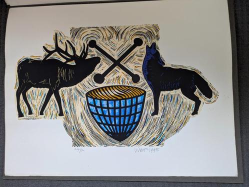Zeefdruk Hans Wap 'Hert, Drum, Wolf'- 1995, Antiek en Kunst, Kunst | Litho's en Zeefdrukken, Ophalen of Verzenden