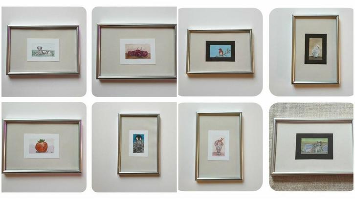 Mini schilderijen ingelijst 10x15cm dieren vogels vruchten, Huis en Inrichting, Woonaccessoires | Schilderijen, Tekeningen en Foto's