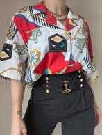 90s vintage print blouse, XL. Sailor statement unisex, Gedragen, Vintage, Wit, Maat 46/48 (XL) of groter