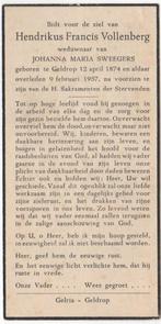 Hendrikus F. Vollenberg 1874 Geldrop + 1957 Geldrop, 82 jr, Verzenden, Bidprentje