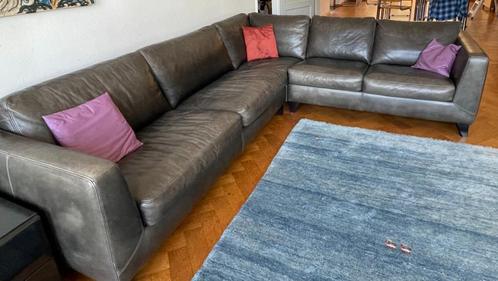 Machalke hoekBank  grijs Leer 290x240 D93, KANSJE!, Huis en Inrichting, Banken | Complete zithoeken, Gebruikt, Hout, Leer, Ophalen